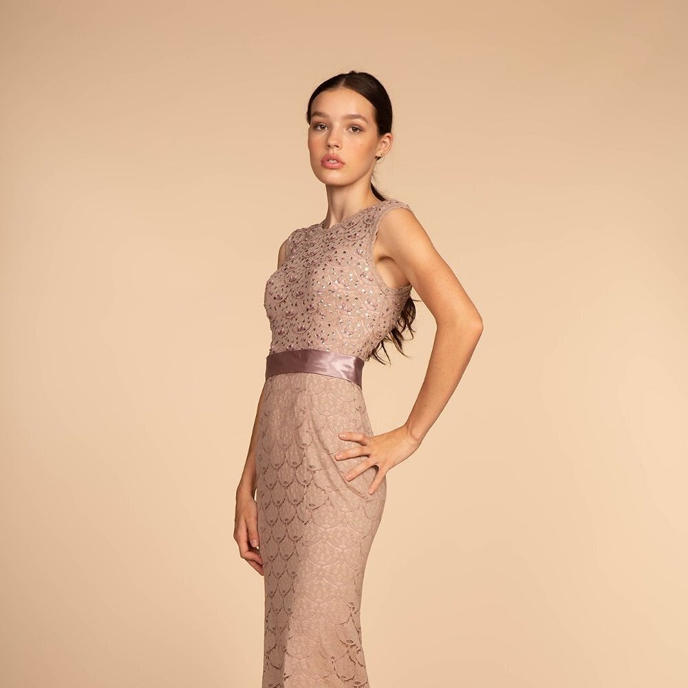 NEW FLOOR LENGTH SLEEVELESS SHEATH GOWN EMBROIDERED WITH LACE AND SEQUINS GL2613